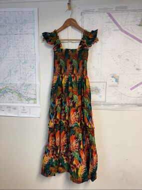Smocked Tropical Maxi Dress in Multi-Color
